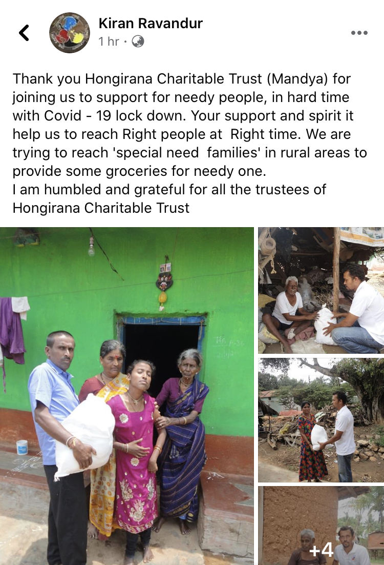 Facebook testimonial from Kiran Ravandur thanking Hongirana Charitable Trust