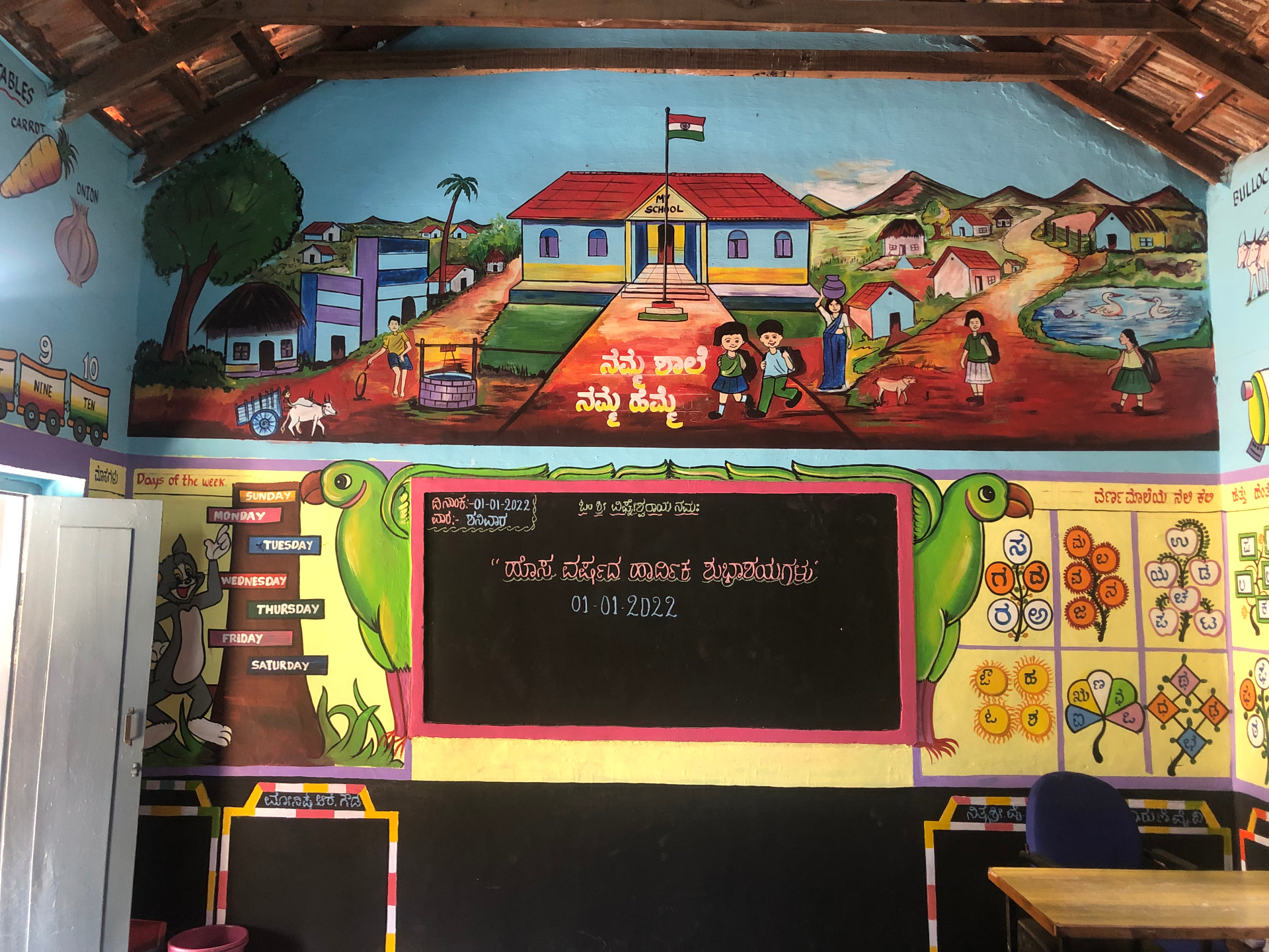 New blackboard and 'Namma shaale, namma hemme' (our school, our pride) mural in a renovated classroom.
