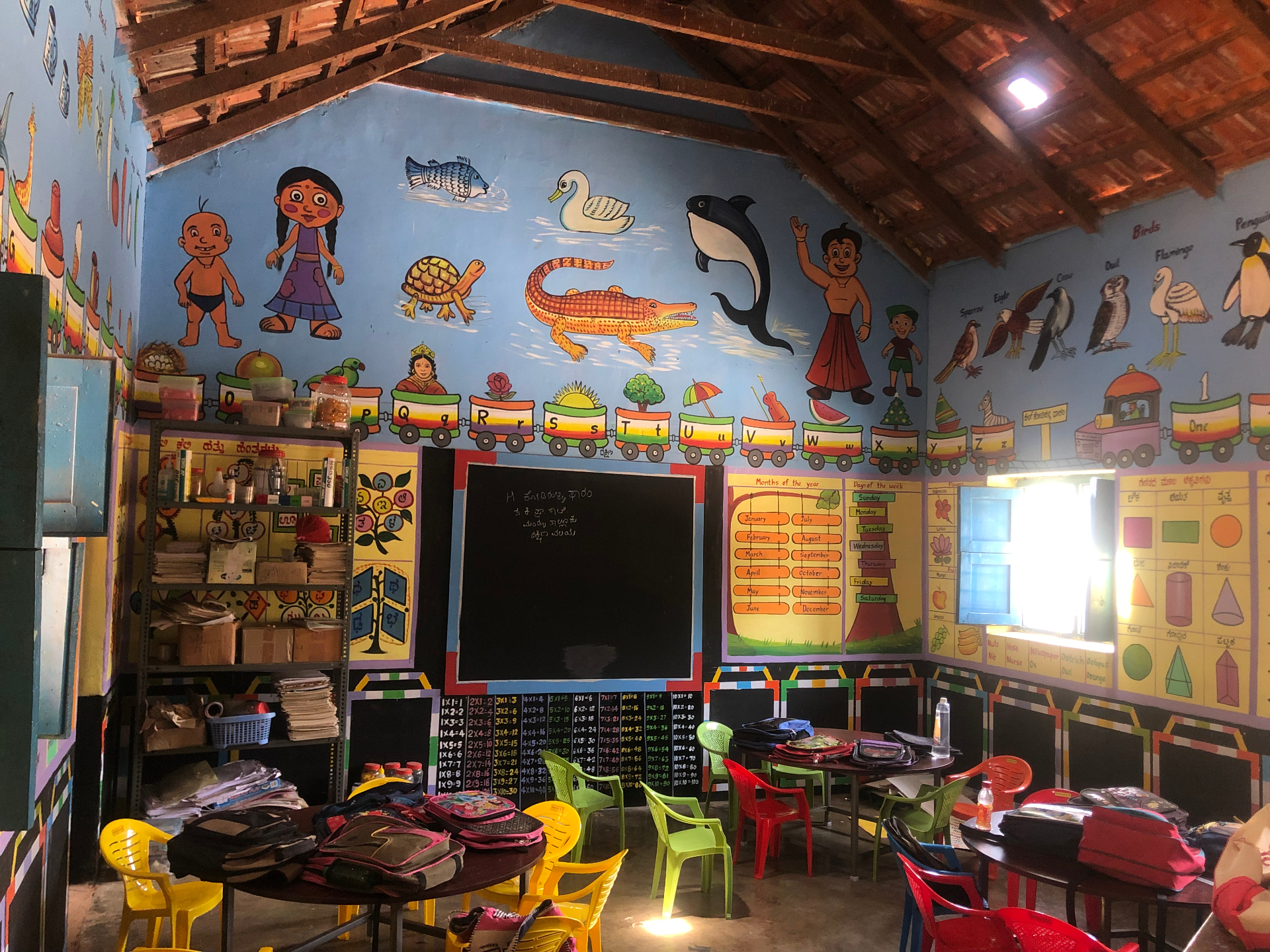 Plastic chairs, study tables and book racks added to a freshly painted Nali-Kali classroom.