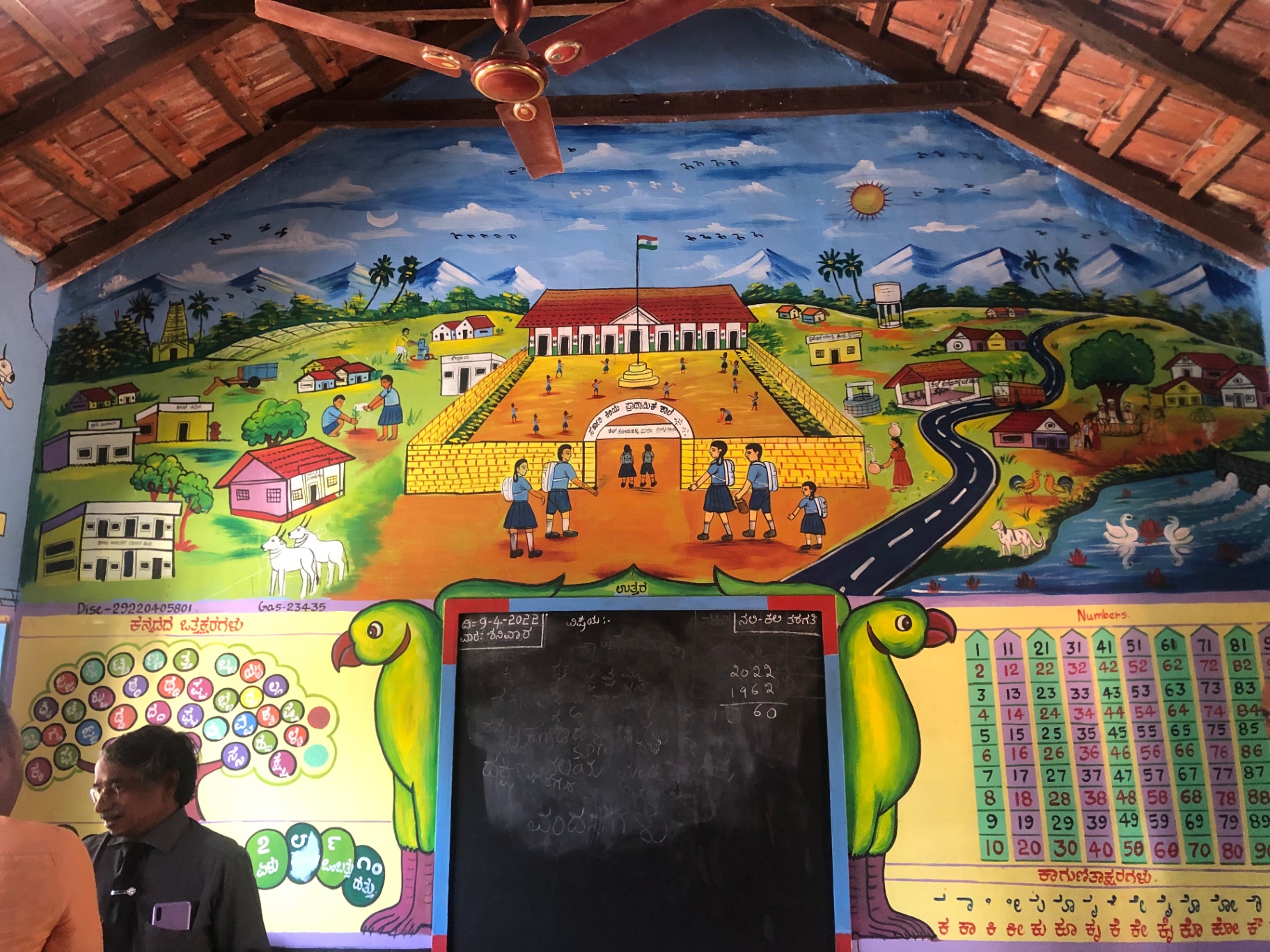 A mural of an idealised Karnataka village school, painted across the classroom wall during the renovation.