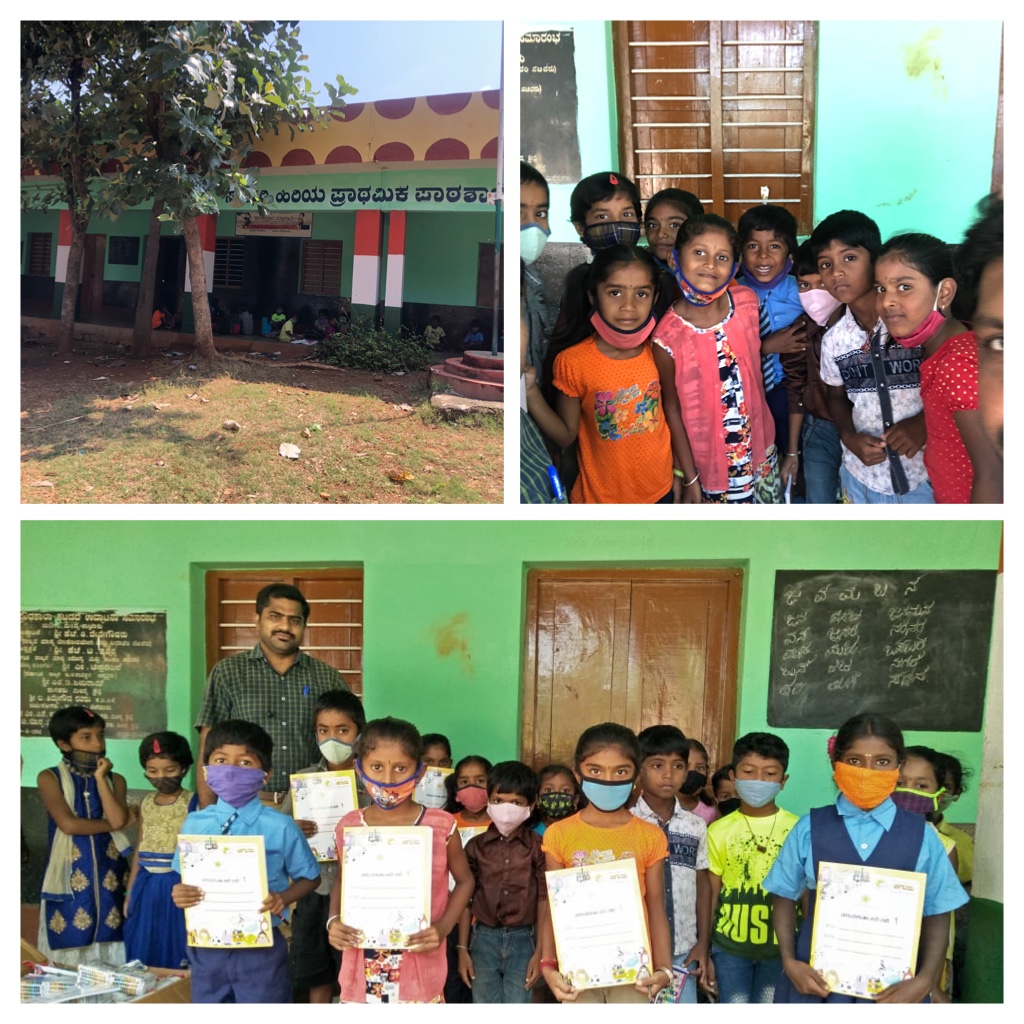 Notebooks and learning kits handed over inside a Kannada-medium government school classroom.